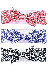 Itty Bitty Evil Eye Print Turban Front Bow Tie Knot Head Band
