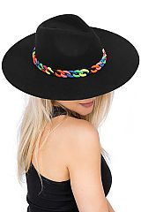 Colorful Matte Rainbow Pride Acrylic Resin Cuban Link Chain Decor Wide Brim Felt Rancher Hat