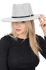 Western Buckle Vegan Belt Decor Heather Textured Faux Wool Wide Brim Felt Fedora Rancher Hat