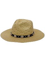 Concho Metal Plaque Faux Leather Belt Decor Raffia Paper Straw Panama Rancher Hat