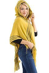 Harlequin Diamond Chevron Patterned Ribbed Knit Fringe Trim Hooded Slouchy Pullover Poncho
