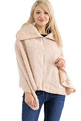 Solid Color Sherpa Fur Fleece Stitched Hem Collared Full Zipper Open Silhouette Poncho