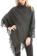 Cable Stockinette Stitch Ribbed Chunky Knit Fringe Trim Turtle Neck Pullover Poncho