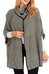 Tweed Fabric Crossover Clasp Collared Rolled Short Sleeve Open Front Shrugged Short Poncho Cardigan