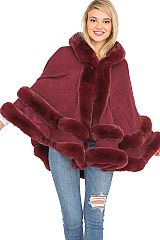 Faux Fur Lined Hooded Open Silhouette Shawl Cape