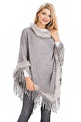 Geometric Cable Stripe Debossed Faux Fur Lined Fringe Trim Pullover Poncho