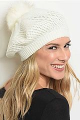 Netted Stitch Knit Double-Deck Layered Faux Fur Pom Pom Decor Slouchy Beret