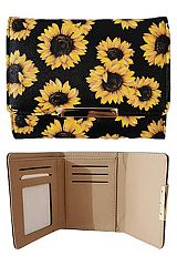 Sunflower Floral Saffiano PU Leather Tri-Fold Money Bill Wallet