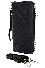 Diamond Quilt Stitched PU Leather Single Zippered Continental Wallet Shoulder Strap Crossbody Bag