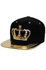 King Queen Crown Gold Rhinestone Emblem Embedded Glossy Gold Metallic Bill Six Panel Cotton Snap Bac