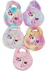 Fairy Tale Unicorn Pastel Iridescent Top Handle Circular Plush Teddy Faux Fur Crossbody Bag