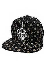 Skeleton Middle Finger Up Embroidered Diamond Print Six Panel Cotton Snap Back