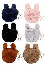 Bunny Rabbit Ear and Tail Faux Fur Zippered Key Chain Mini Coin Bag