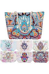 Hamsa Evil Eye Paisley Floral Print Canvas Tote