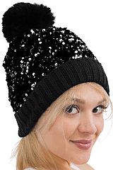 Metallic Shimmer Sequins Knitted Pom Pom Beanie