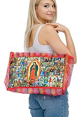 Our Lady of Guadalupe Portrait Collage Print Striped PVC Pipe Top Handle Mesh Tote Bag