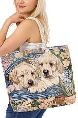 Lab Pups Duo Woven Tapestry Burlap Canvas Tote Bag