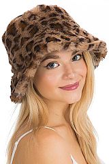 Leopard Print Fuzzy Faux Fur Fluffy Bucket Hat