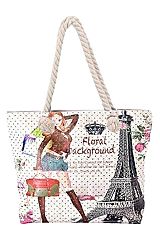 Paris Fashion Girl Floral Tapestry Canvas Tote