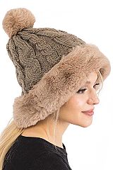 Fluffy Faux Fur Cuffed Chunky Cable Knitted Beanie
