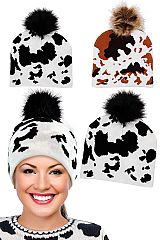 Cow Print Fuzzy Faux Fur Pom Pom Short Beanie