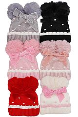 Litte Girl's Big Bow Double Pom Knitted Beanie
