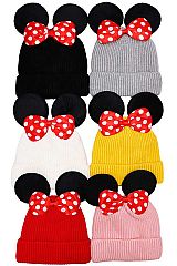 Kids Mouse Ear Polka Dot Bow Decor Knitted Beanie