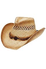 Wooden Beaded String Ombre Raffia Straw Cowboy Hat
